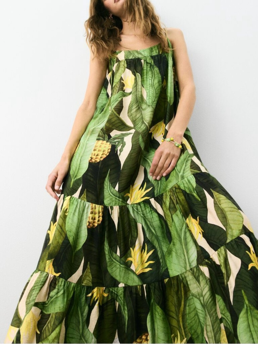 H&M Tropical Palm Print Maxi Dress Voluminous Tie Strap Resort Vacation Dress - Picture 3 of 6